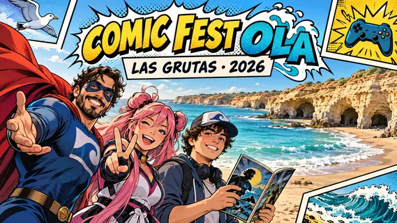 Ilustración del Comic Fest Ola 2026 en Las Grutas con personajes de cosplay junto al mar.